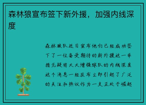 森林狼宣布签下新外援，加强内线深度